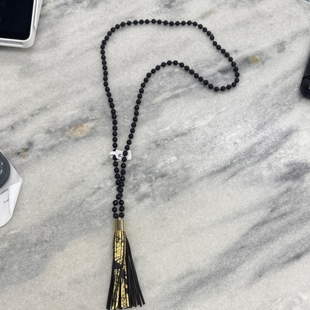 Black Beaded Necklace with Gold and Black Tassel
